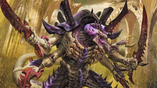 Warhammer 40k Arks of Omen Balance Dataslate changes - artwork by Wizards of the Coast of a Tyranid Hive Tyrant, a four-armed alien monster