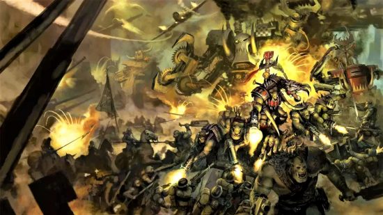 Warhammer 40k Arks of Omen balance dataslate changes - artwork by Games Workshop of an Ork horde assaulting Death Korps of Krieg Imperial Guard