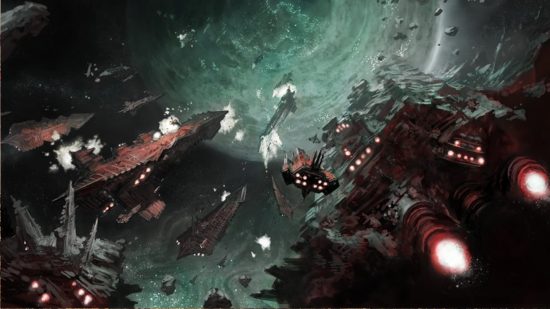 Warhammer 40k Arks of Omen Balance Dataslate - art by Games Workshop of a fleet of space hulks and Chaos Space marine ships