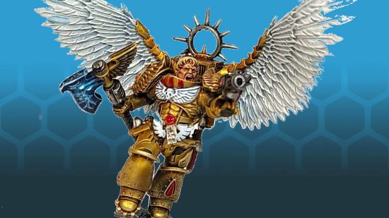 Warhammer 40k Blood Angels Captain Dante Conversion - a gold-armoured space marine with angelic wings, wielding a power axe - painted by 40kSteve