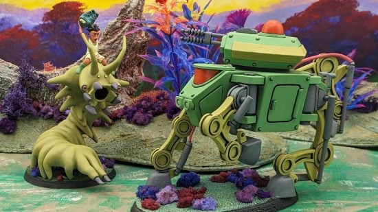 Warhammer 40k cartoon - photograph of models from the Astrabellum indie wargame, a bright green four-limbed walking tank fights a giant alien worm