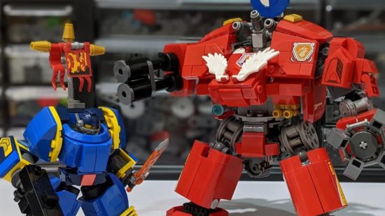 Warhammer 40k dreadnought made from Lego by youtuber Chubbybots, next to a Space Marine made from lego