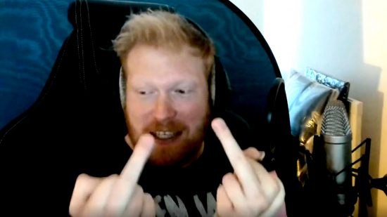 Warhammer 40k Leagues of Votann apology James Workshop - Wargamer video interview screenshot showing Steve Conlin putting two middle fingers up to the camera