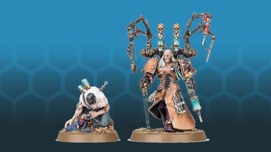 Warhammer 40k loot boxes landing - product photograph by Games Workshop of Fabius Bile, a Chaos Space Marine with a spiderlike mechanical back apparatus, and an assistant.