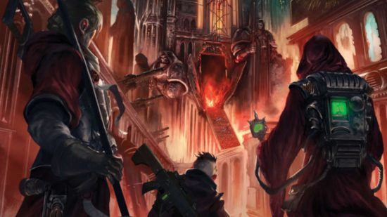 Warhammer 40k RPG Imperium Maledictum cover detail - art by Cubicle 7, three Imperial agents approach a blazing temple