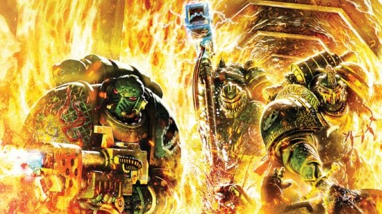 Warhammer 40k Salamanders - cover art from Deathfire, showing three green-armoured marines advancing through a firestorm