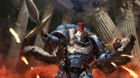 Warhammer 40k Space Marine short story - illustration by Games Workshop of an Emperors Spears Space Marine, a warrior in blue and white power armour wielding a board spear and draped in a fur cape
