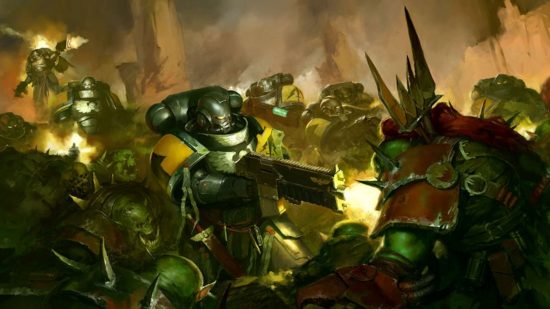 Warhammer 40k Space Marine story - illustration by Games Workshop of Silver Templars space marines in silver and yellow power armour battling a horde of Orks
