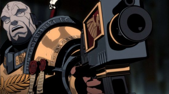 Warhammer+ streaming service - a screenshot from the Hammer and Bolter animation by Games Workshop, a bald inquisitor in golden armour points a bolt pistol offscreen