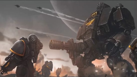 Warhammer 40k supply drop - a redemptor dreadnought, a huge walking war machine, strides beside power-armoured space marines