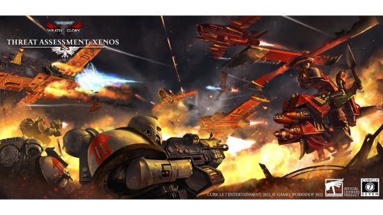 Warhammer 40k Wrath and Glory threat assessment Xenos showing space marines fighting ork aircraft