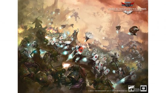 Warhammer 40k Wrath and Glory threat assessment Xenos artwork showing a t'au army