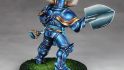 Warhammer Age of Sigmar Shovel Knight conversions - Juan Hidalgo's converted Shovel Knight, painted vibrant metallic blue and wielding a shovel, made from Stormcast Eternals parts, from the rear