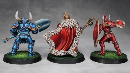 Warhammer Age of Sigmar Shovel Knight conversions - Juan Hidalgo's converted Shovel Knight, King Knight, and Shield Knight, made from Stormcast Eternals parts, photographed from the rear