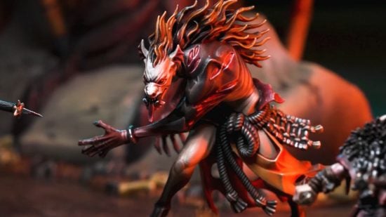 Warhammer Age of Sigmar Warcry Bloodhunt: vampire curseblood model by Games Workshop, a bestial creature with bat and wolf features in the tattered robes of a monk