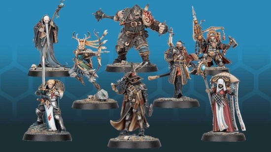 Warhammer Quest Cursed City Guide - product photographs by Games Workshop of eight heroes - a wizard, knight, elf archer, witch-hunter, ogre, noble, dwarf, and seeress