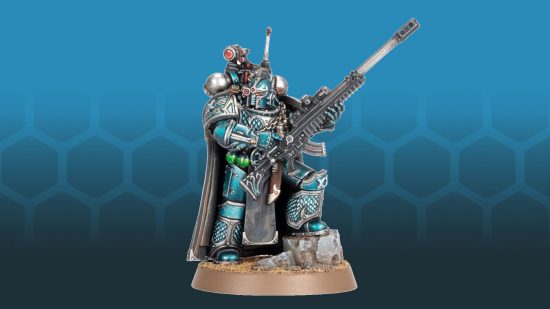 Warhammer the Horus Heresy Alpha Legion assassin Exodus - model and photograph by Games Workshop, a space marnie with a huge sniper rifle in silver and metallic blue armour