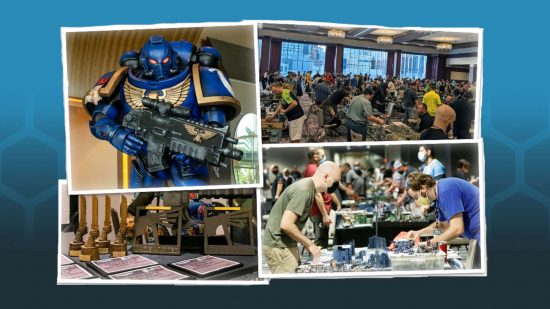 World championships of warhammer - photo montage by Games Workshop, several scenes of people playing competitive Warhammer games, and a large Space Marine armour suit