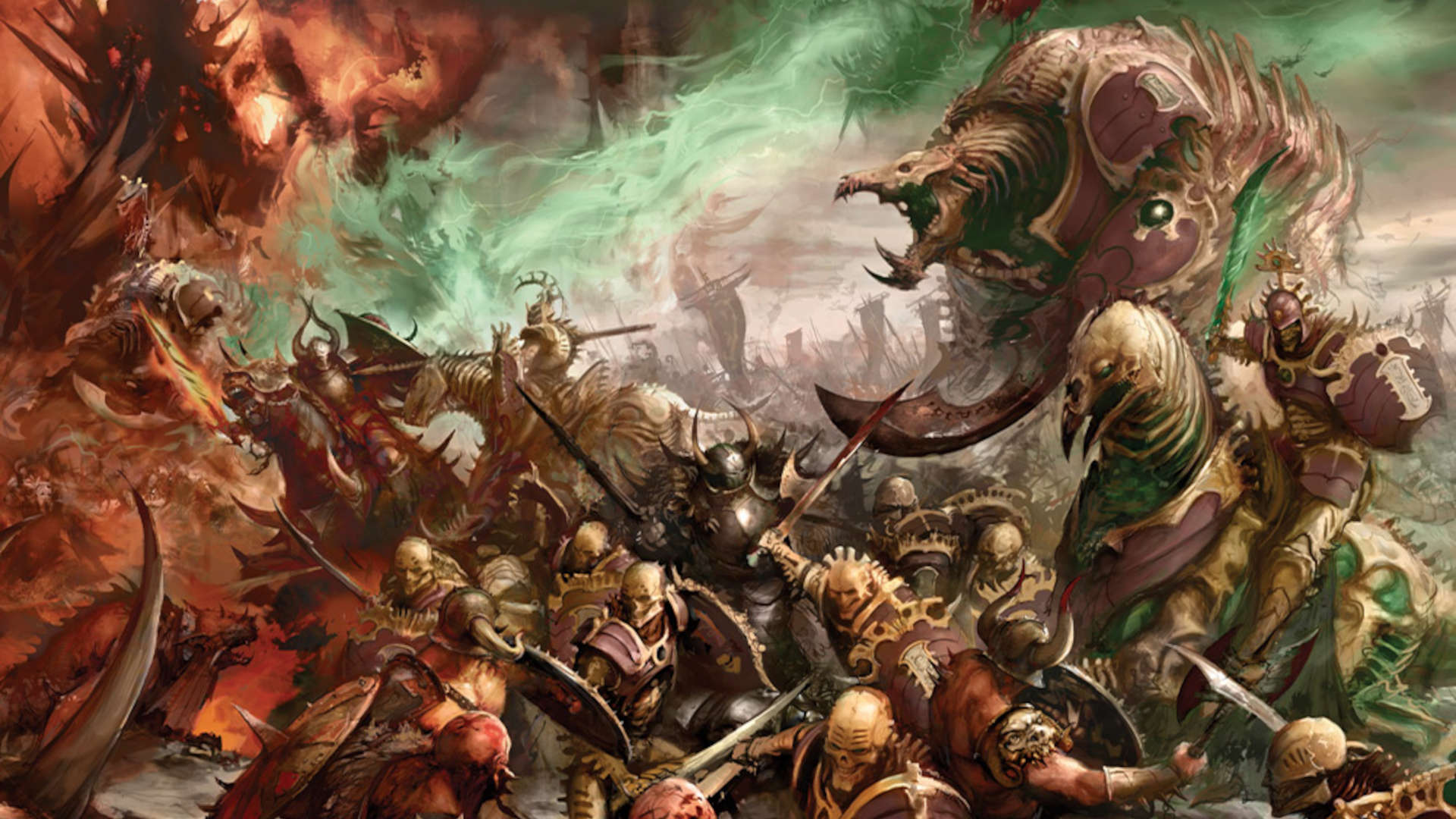 Ossiarch Bonereapers illustration by Games Workshop - an army of undead skeletal constructs clash with the warriors of chaos
