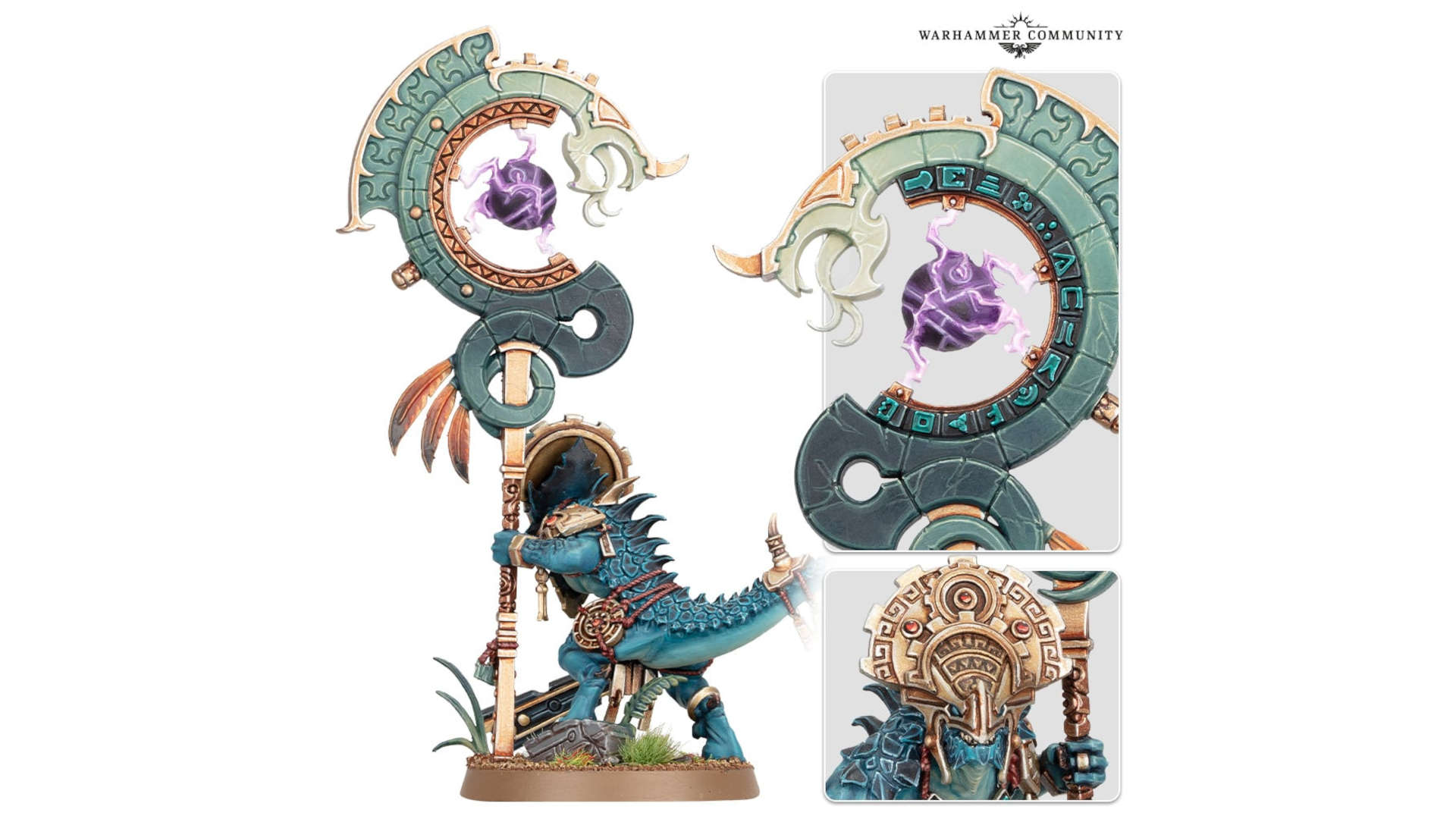 Warhammer Age of Sigmar Seraphon Saurus Astrolith Bearer details - a dinosaur man with a magnificent golden head crown, holding aloft a huge serpentine banner pole - view from behind, closeup on floating energy orb inside banner, detail of headdress