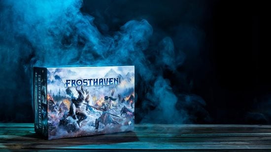 BesT RPG board games guide - Cephalofair sales image showing the Frosthaven board game box on a black background with blue lit smoke