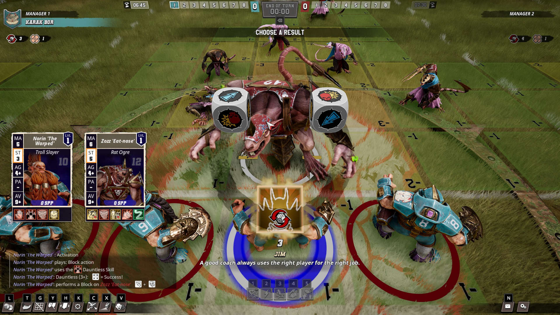 Blood Bowl 3 Preview - screenshot from Cyanide Studio's Blood Bowl 3, gameplay - a dwarf trollslayer prepares to punch a rat ogres lights out