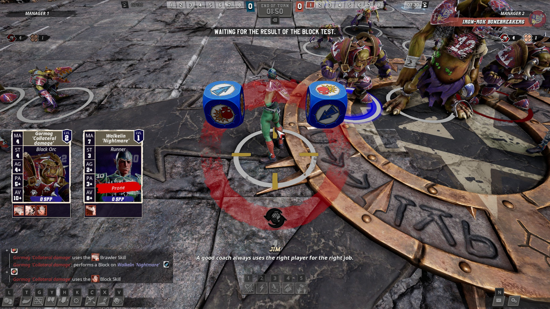 Blood Bowl 3 online bugs - screenshot of a game in progress, a block test from a Dark Elf player on an Orc