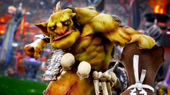 Blood Bowl 3 special edition extras unlocking for regular edition players for free - a yellow-skinned Troll with a snazzy skull belt