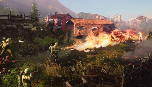 A flamethrower tips through a village in Company of Heroes 3