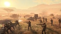 Company of Heroes 3 - soldiers walking in grass with sunset