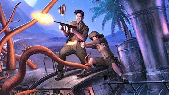 Two investigators fire guns from atop a train in art for Eldritch Horror, one of the best Cthulhu board games