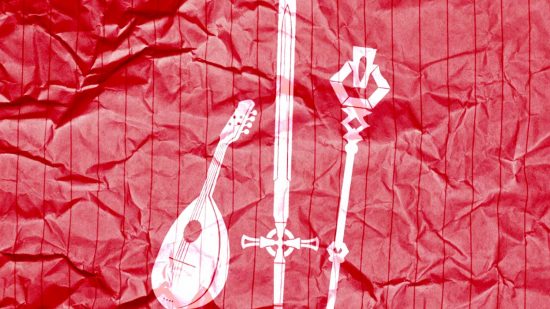 DnD Demiplane 5e NEXUs artwork of a lute, sword, and sceptre and crunkled, red, lined paper.