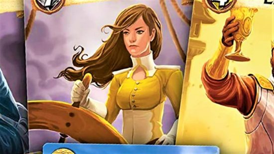 The navigator card from Citadels, one of the best drafting games, showing a woman at a ship steering wheel
