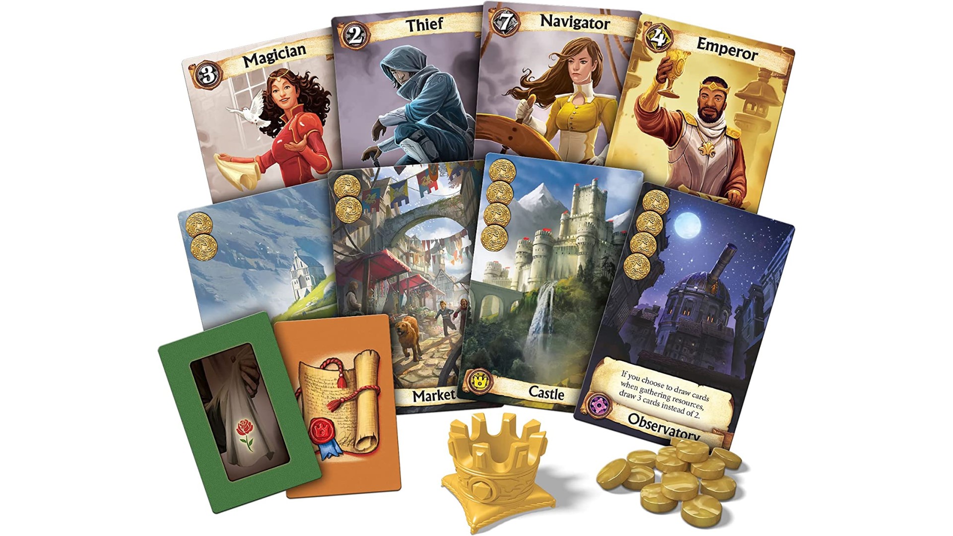 Cards and coins from Citadels, one of the best drafting games