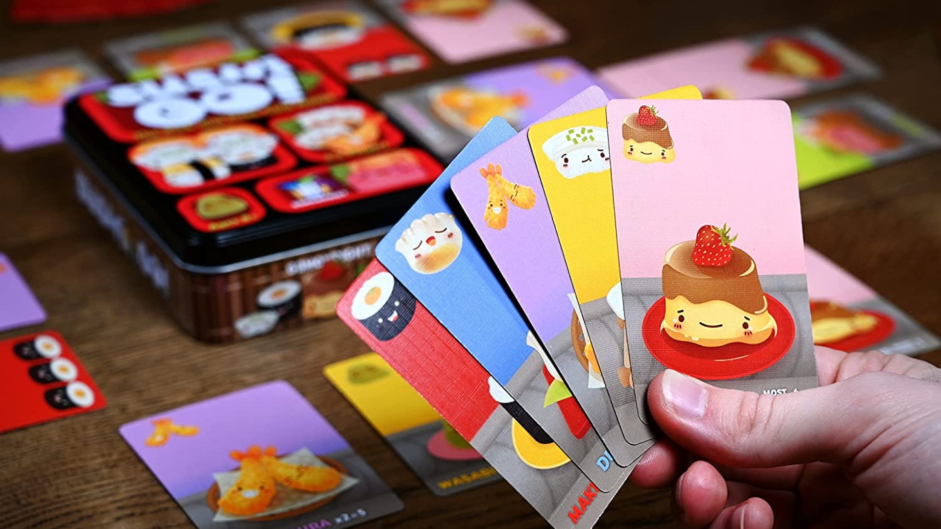 A hand of cards from Sushi Go Party!, one of the best drafting games