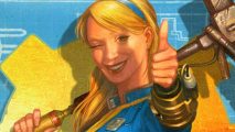 Fallout Wasteland Warfare Humble Bundle - Modiphius art of a blonde Vault Girl smiling with a thumbs up