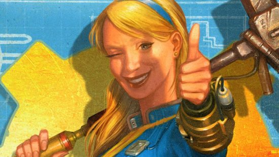 Fallout Wasteland Warfare Humble Bundle - Modiphius art of a blonde Vault Girl smiling with a thumbs up