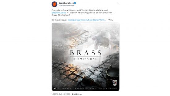 Gloomhaven Brass Birmingham ranking - tweet from BoardGameGeek