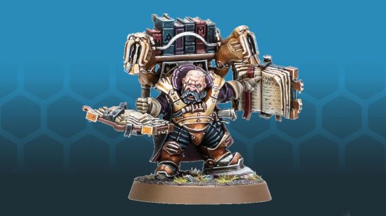 Warhammer Age of Sigmar Kharadron Overlords codewright - image by Games Workshop of a dwarf in heavy armour with a small library on his back