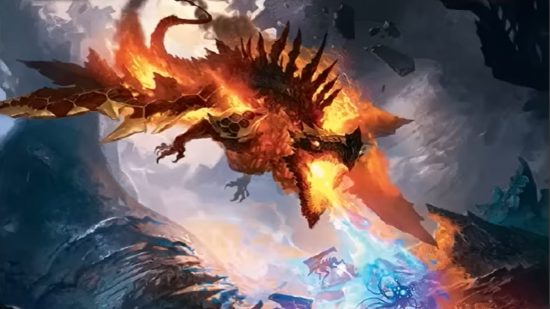 Magic: The Gathering Commander - a giant fiery dragon burning some phyrexians