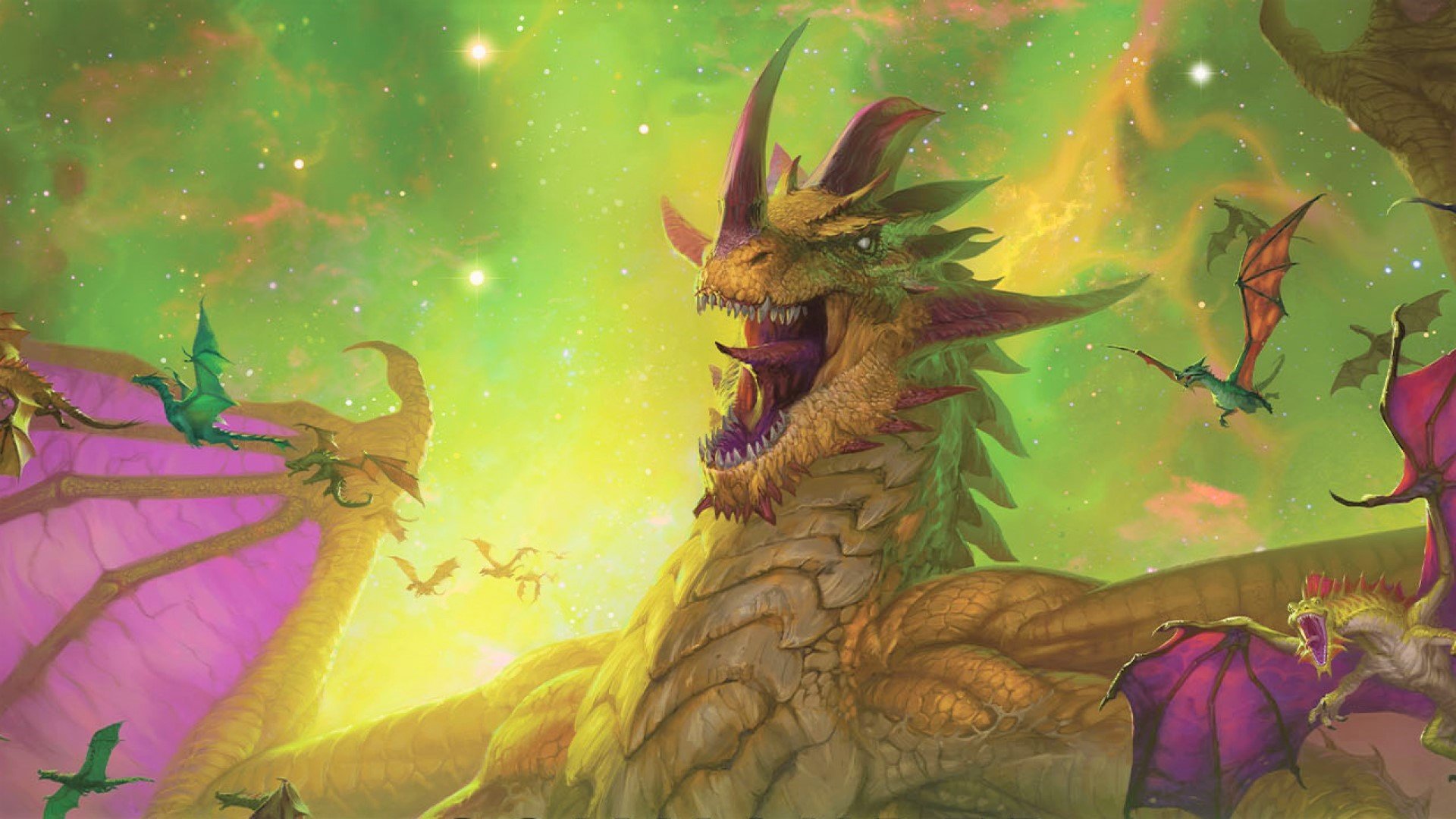 MTG Commander Masters artwork of a giant dragon on a green background, surrounded by smaller dragons