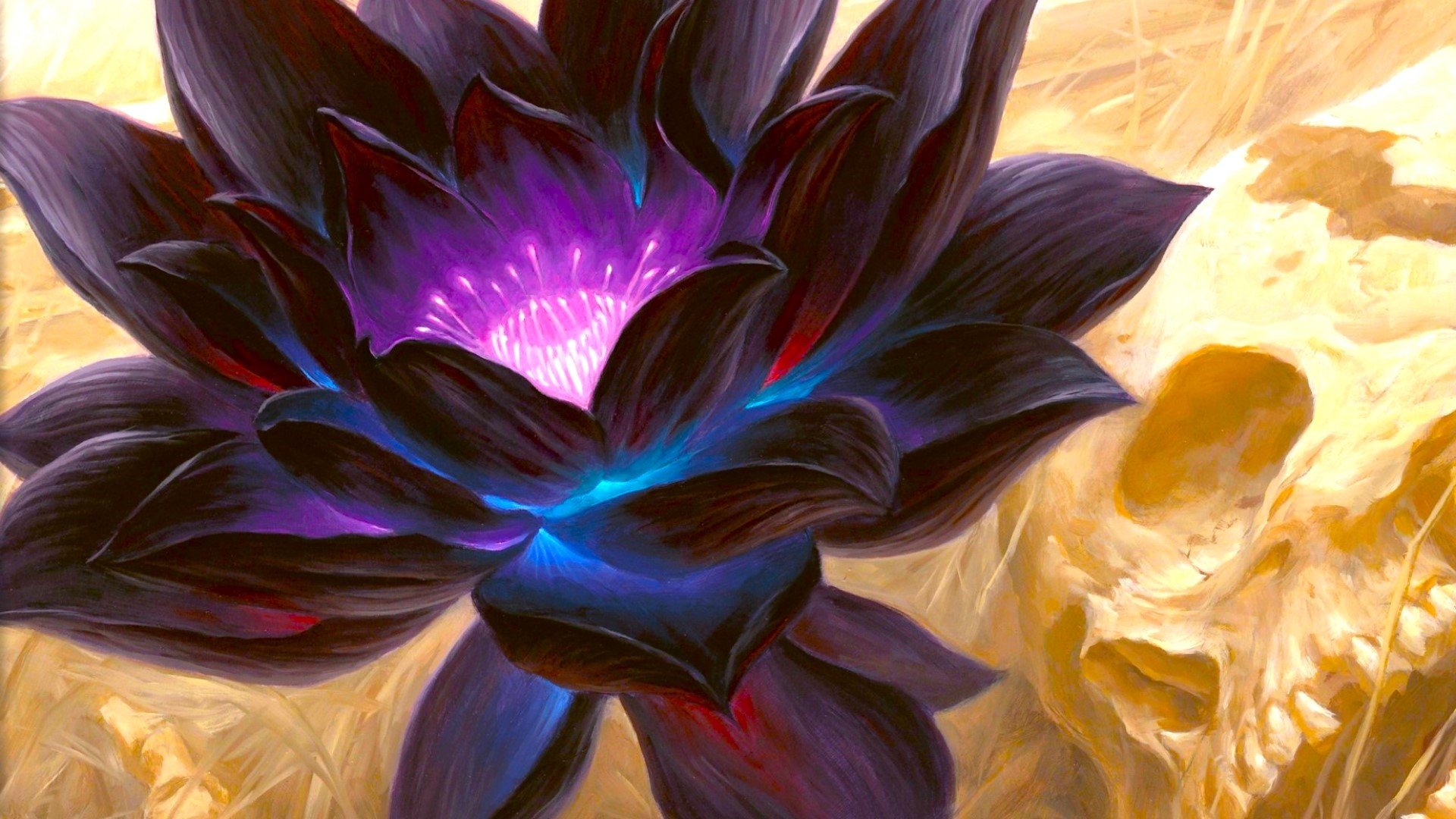 MTG Power 9 - artwork from the MTG card Black Lotus, showing a glowing purple flower.