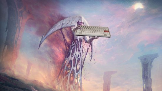 Magic The Gathering - Elesh norn holding a Phyrexian keyboard