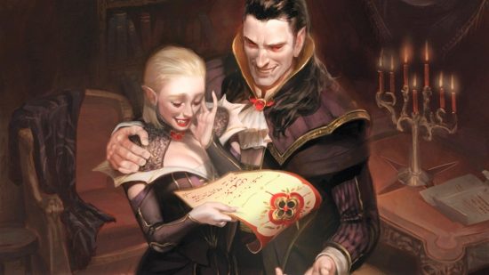 Magic The Gathering artwork of the MTG card wedding announcement, showing two vampires reading an invitation