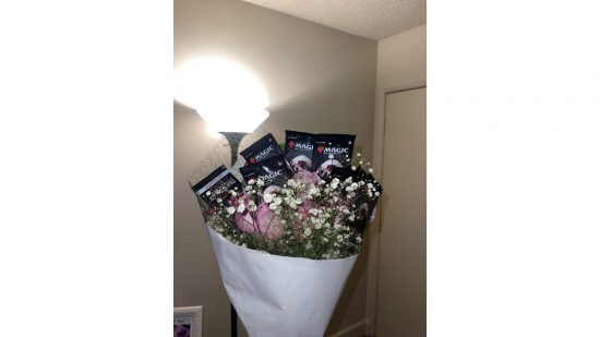 MTG Valentines Day flowers with card packs in the bouquet
