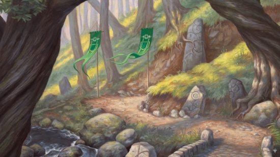 MTG Arena - artwork from a forest land card showing a path through the woods with green banners around it.