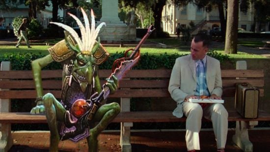 MTG goblin on a bench with forrest gump