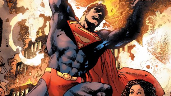MTG color identities of superheroes revealed by Mark Rosewater - illustration of Superman by DC comics, a handsome man with blue bodysuit, red cape, lifting a huge load amid a fire