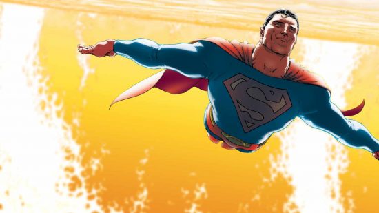 MTG color identities of superheroes revealed by Mark Rosewater - illustration of Superman by DC comics, a handsome man with blue bodysuit, red cape, flying close to the surface of the sun