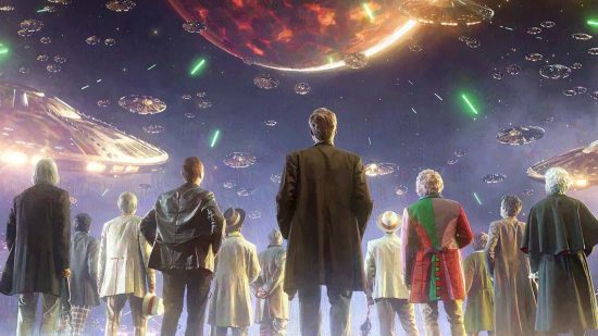 MTG doctor who release date - all the doctors looking up at all the daleks